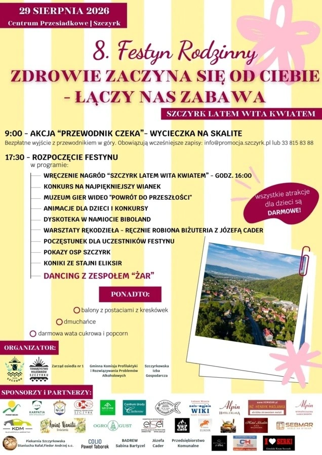 8. Festyn Rodzinny „Zdrowie zaczyna się od Ciebie – łączy nas zabawa” – Szczyrk 2026: wystąpi Żar! Program i godziny koncertów (29 sierpnia)