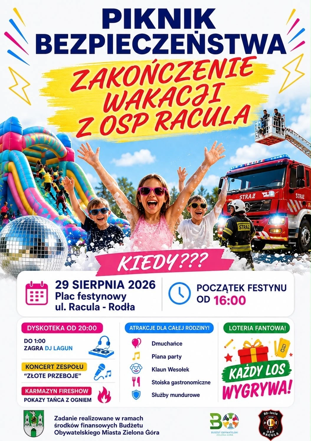 Piknik Bezpieczeństwa – Zakończenie Wakacji z OSP Racula – Zielona Góra 2026: kto wystąpi? Program i koncerty (29 sierpnia)