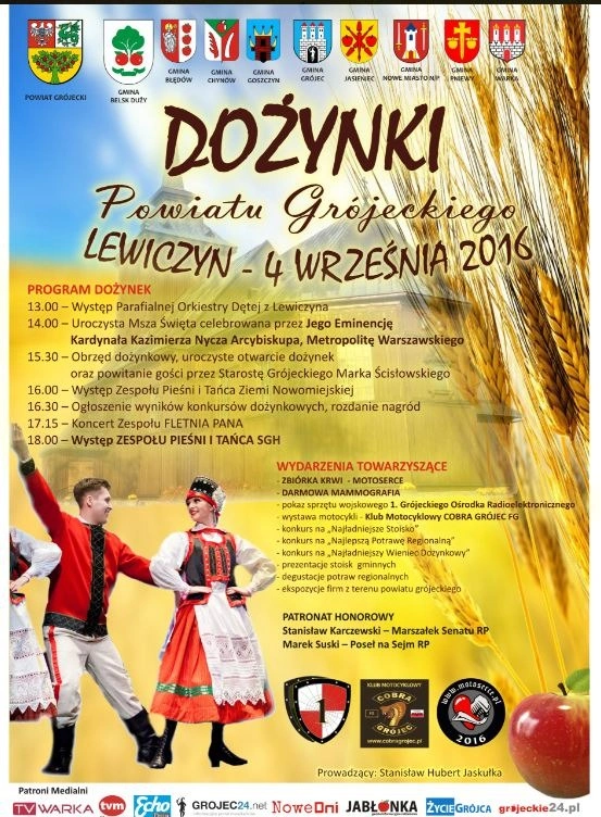 Dożynki Powiatu Grójeckiego – Lewiczyn 2016: kto wystąpi? Program i koncerty (4 września)