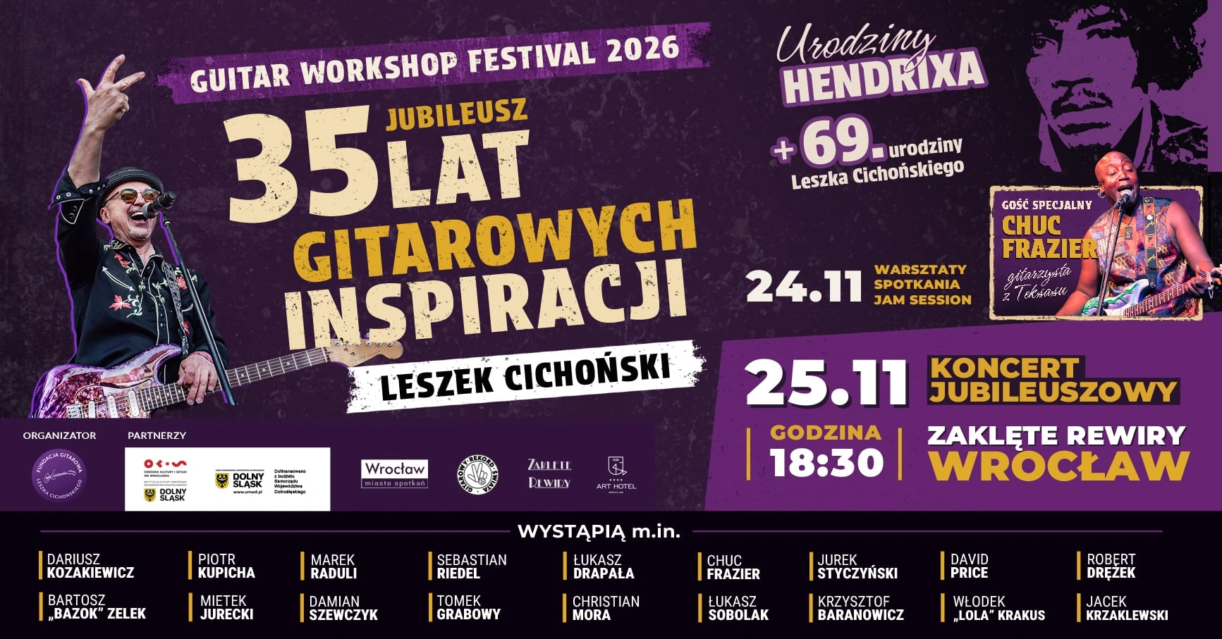 Oficjalny plakat poziomy Guitar Workshop Festival 2026 – Leszek Cichoński, Chuc Frazier i zapowiedź 35 lat gitarowych inspiracji