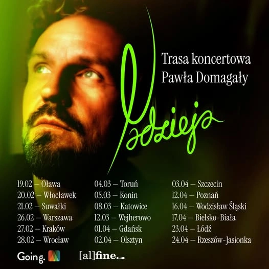 Paweł Domagała – plakat trasy koncertowej Nadzieja 2027, 18 miast i dat występów